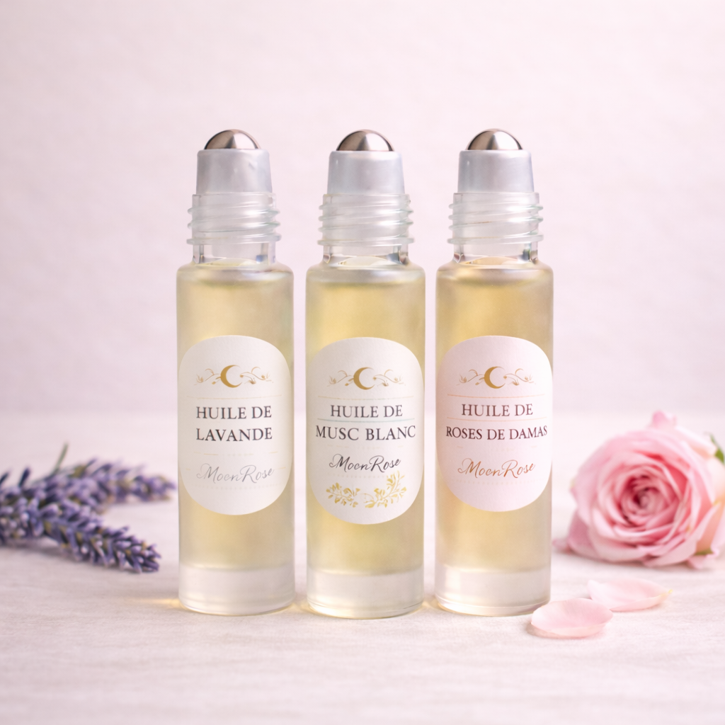 Ensemble d'huiles essentielles Rose Enchantée de MoonRose pour une routine visage naturelle à base de roses.