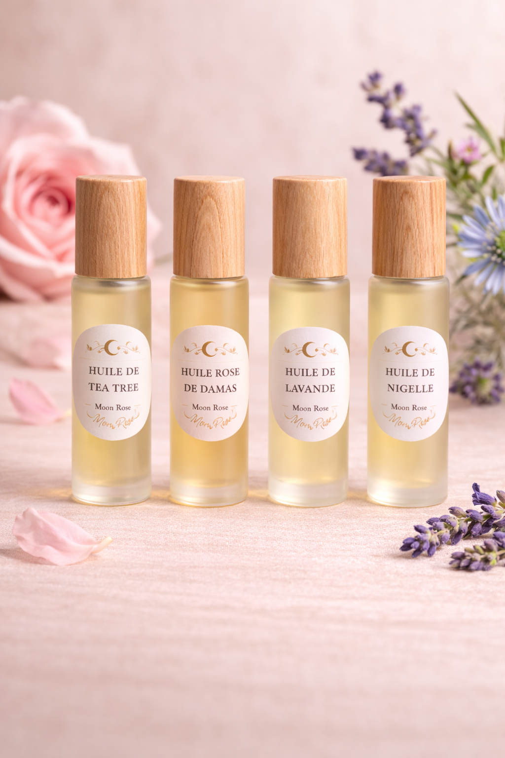 Coffret découverte MoonRose avec 4 huiles essentielles naturelles pour le visage, pack de démarrage glow, huiles pour la peau.