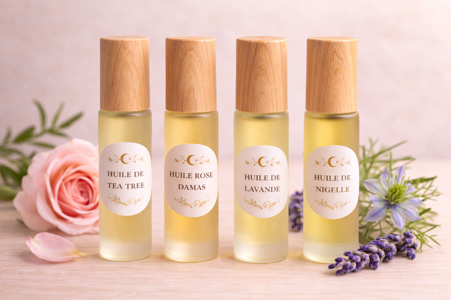 Coffret découverte MoonRose, bundle de 4 huiles essentielles naturelles pour le visage, glow et soin de la peau.