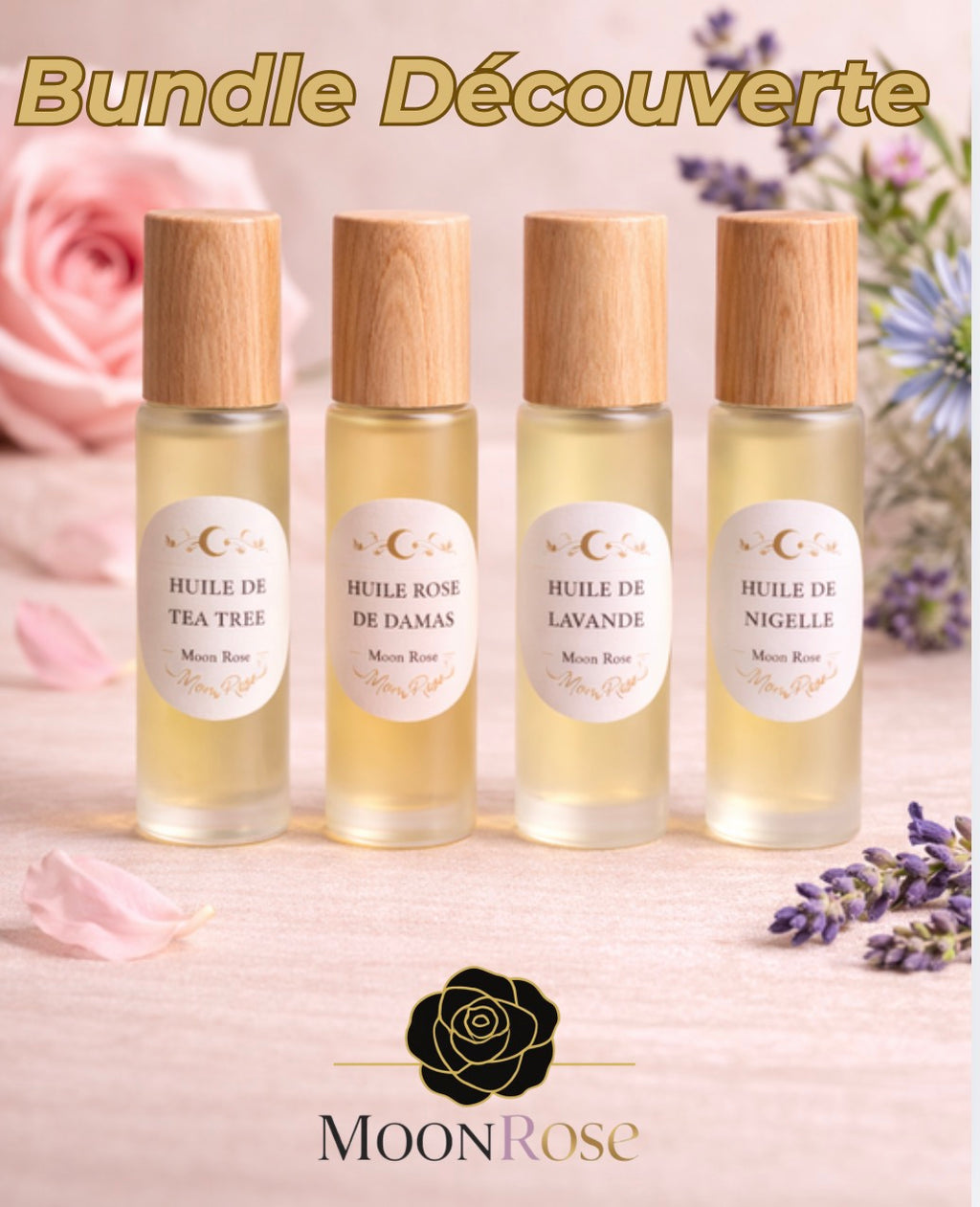 Coffret découverte MoonRose, bundle de 4 huiles naturelles pour le visage, huiles essentielles pour le soin de la peau.