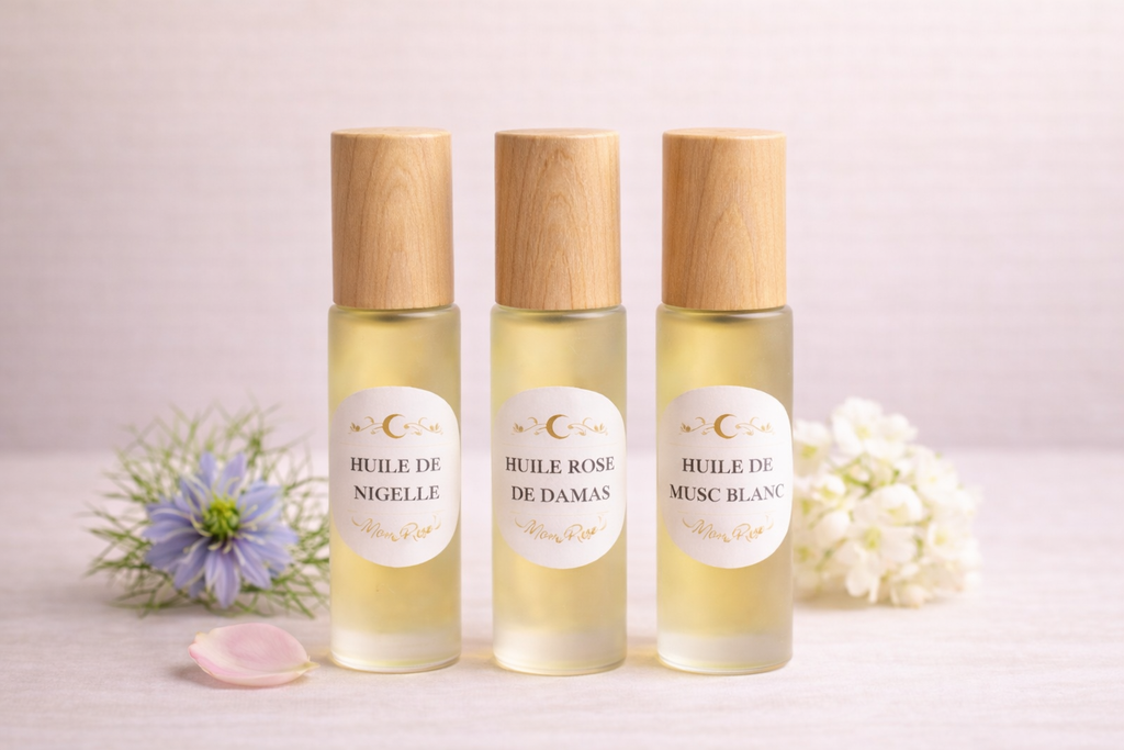 Ensemble d'huiles essentielles MoonRose pour une routine visage glow naturelle, comprenant plusieurs flacons d'huiles essentielles.