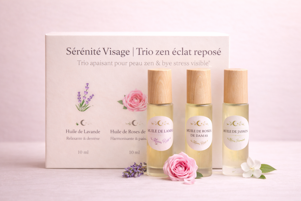 Ensemble d'huiles essentielles MoonRose pour une routine visage apaisante et naturelle, idéal pour une peau sereine et douce.