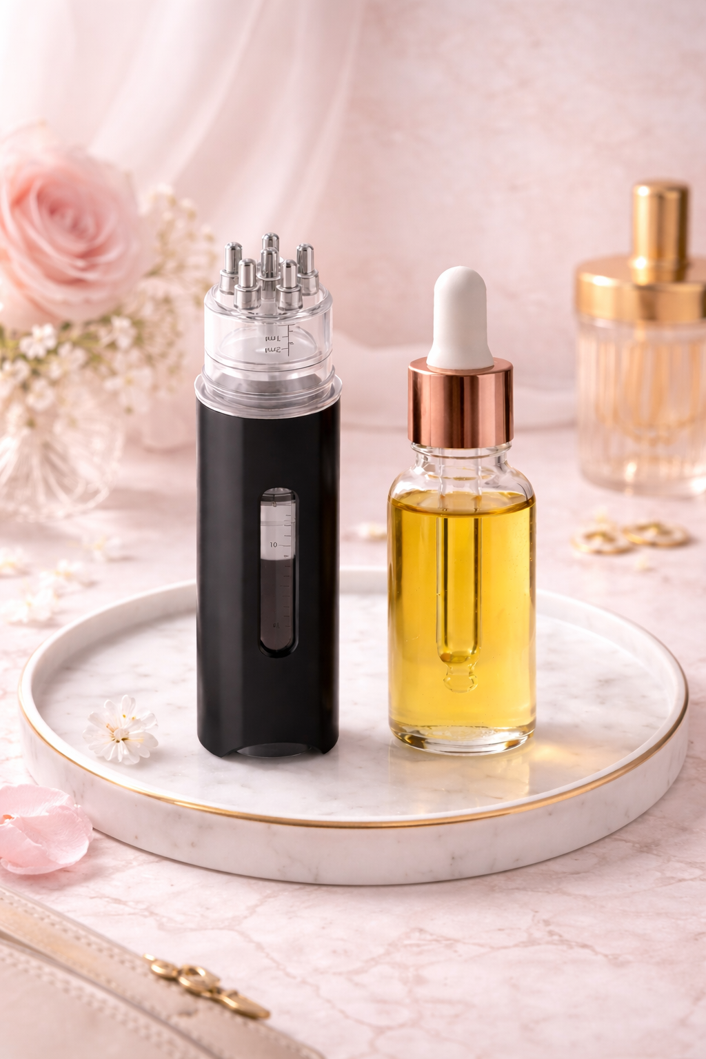 Duo soin cuir chevelu naturel MoonRose avec huiles essentielles et applicateur noir, contenant de l'huile de nigelle, pour la santé capillaire.