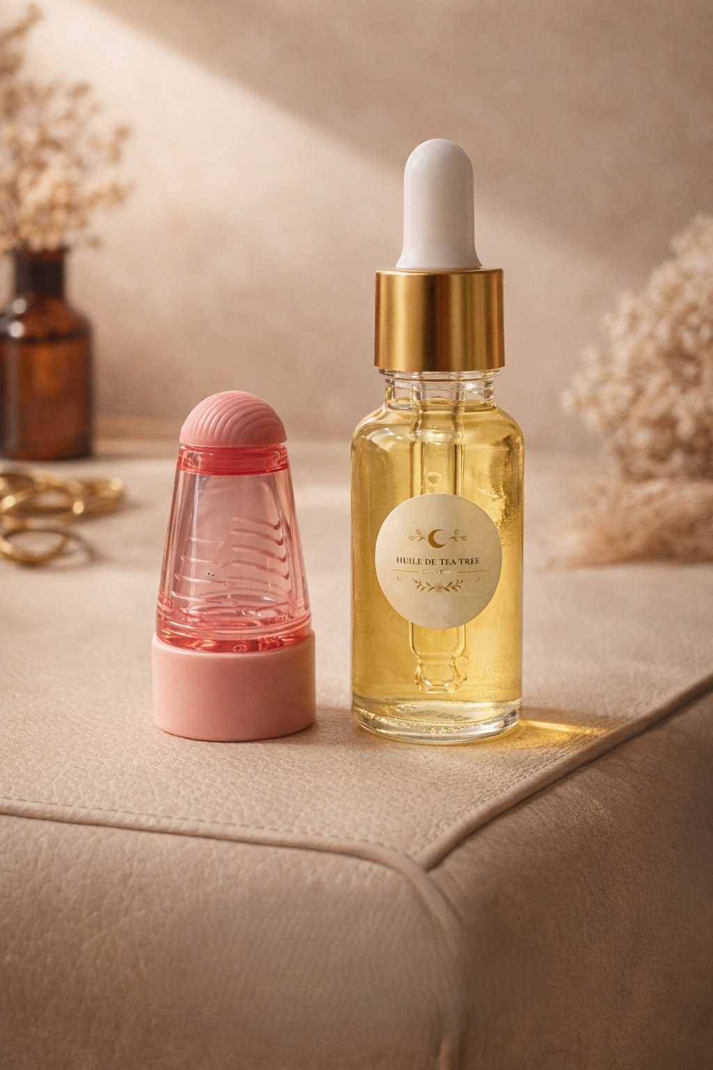 Duo soin cuir chevelu MoonRose avec huile essentielle de rose et huile de nigelle, avec applicateur rose.