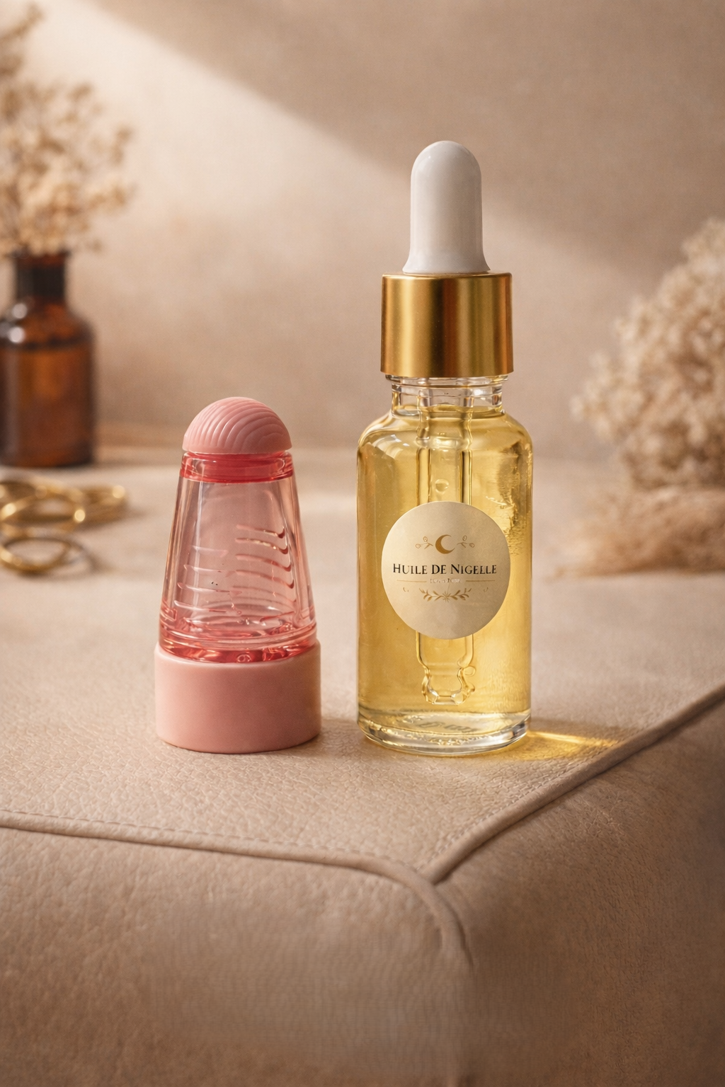 Duo soin cuir chevelu MoonRose avec huile essentielle de nigelle et applicateur rose, pour un traitement capillaire naturel.